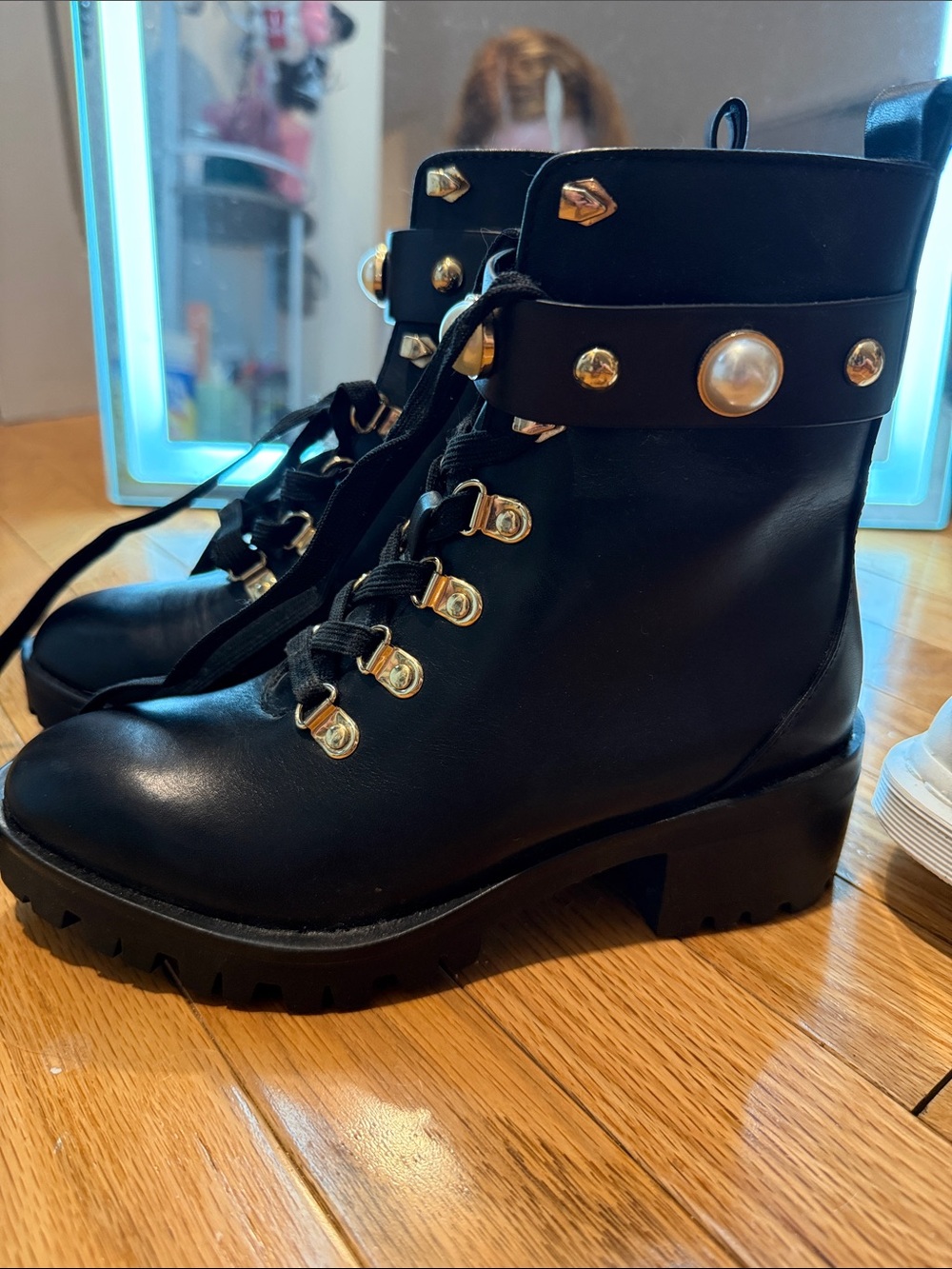 Karl Lagerfeld Black Lace-Up Ankle Boots with Gold Studs & Pearl Detail